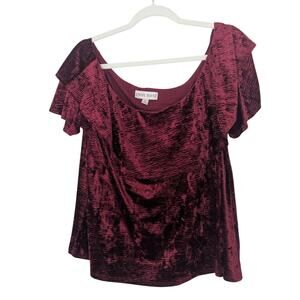 Knox Rose Womens Red Crushed Velvet Off The Shoulder Top Size XL Flutter Sleeves